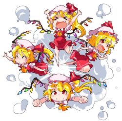 Rule 34 | &gt; &lt;, 4girls, :d, > <, ^ ^, ascot, blonde hair, bow, closed eyes, crystal, fang, flandre scarlet, four of a kind (touhou), frills, hat, hat bow, hat ribbon, medium hair, mob cap, multiple girls, open mouth, puffy short sleeves, puffy sleeves, red eyes, red skirt, red vest, ribbon, shinapuu, shirt, short hair, short sleeves, side ponytail, skirt, skirt set, smile, touhou, v-shaped eyebrows, vest, white shirt, wings, xd, yellow ascot