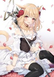 Rule 34 | 1girl, animal ears, bare shoulders, black thighhighs, blonde hair, blush, bracelet, breasts, cat ears, cat tail, cleavage, dress, facial mark, final fantasy, final fantasy xiv, flower, hair flower, hair ornament, highres, jewelry, large breasts, medium hair, miqo&#039;te, parted lips, petals, red eyes, sitting, slit pupils, smile, solo, tail, thighhighs, warrior of light (ff14), white dress, yana mori