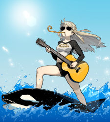 Rule 34 | 1girl, absurdres, acoustic guitar, bikini, bikini bottom only, black bikini, blonde hair, blue sky, braid, clothes writing, commentary, day, english commentary, english text, floating hair, french braid, gogalking, guitar, highres, holding, holding instrument, instrument, junior (gogalking), lens flare, long hair, long sleeves, mouth hold, music, ocean, on animal, orca, original, outdoors, party horn, playing instrument, profanity, shirt, sky, solo, standing, sunglasses, swimsuit, tinted eyewear, water