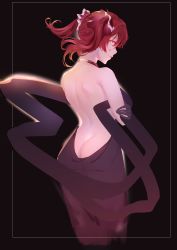 Rule 34 | 1girl, absurdres, alternate costume, ass, back, back focus, backless dress, backless outfit, bad id, bad pixiv id, black background, black dress, black gloves, butt crack, commentary, dress, etoile, evening gown, from behind, gloves, grin, hair ribbon, halterneck, highres, hololive, houshou marine, looking at viewer, medium hair, red hair, red ribbon, ribbon, sash, shoulder blades, smile, solo, twintails, upper body, virtual youtuber
