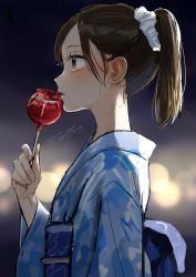 Rule 34 | 1girl, absurdres, bad id, bad pixiv id, blue kimono, blurry, blurry background, blush, brown eyes, brown hair, candy apple, commentary request, depth of field, floral print, food, hair ornament, hair scrunchie, hand up, highres, holding, holding food, japanese clothes, kimono, long sleeves, looking away, obi, original, parted lips, pomu (joynet), ponytail, print kimono, profile, sash, scrunchie, short hair, solo, upper body, white scrunchie, wide sleeves, yukata