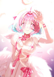 Rule 34 | 1girl, ahoge, arm up, artist name, bad id, bad pixiv id, blue hair, blurry, blurry foreground, blush, bow, choker, collarbone, commentary request, depth of field, dress, feathers, gradient background, hair intakes, hand up, haruri, highres, idolmaster, idolmaster cinderella girls, multicolored hair, parted lips, pink hair, puffy short sleeves, puffy sleeves, purple background, red bow, red choker, red eyes, short hair, short sleeves, signature, solo, two-tone hair, white background, white dress, white feathers, wrist cuffs, yumemi riamu