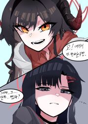 Rule 34 | ..., 2girls, black choker, black hair, black horns, blue archive, blue background, choker, disgust, grey background, grey eyes, hair ornament, hairclip, halo, highres, horns, ichika (blue archive), kasumi (blue archive), korean commentary, korean text, long hair, looking at viewer, multiple girls, nasipeuran, open mouth, parted lips, red halo, red shirt, shaded face, shirt, smile, speech bubble, teeth, translation request, yellow eyes