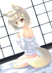 Rule 34 | 1girl, animal ears, covering privates, covering breasts, fox ears, fox tail, original, panties, solo, sumikaze, tail, underwear