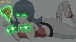 Rule 34 | 1girl, animated, arm support, artist name, ass, blue hair, bored, bracelet, breasts, cleavage, creatures (company), food, game freak, glowing, glowing eyes, green eyes, gym leader, hand up, jewelry, lying, markbox, midriff, nintendo, on floor, on stomach, pizza, pizza slice, pokemon, pokemon hgss, red footwear, sabrina (pokemon), solo, tank top, telekinesis, the pose, video, white background