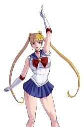 Rule 34 | 1girl, 78 (tky8), abs, arm up, armpits, bare legs, bare shoulders, bishoujo senshi sailor moon, blonde hair, blue eyes, blue sailor collar, blue skirt, bow, breasts, brooch, choker, clenched hand, collarbone, covered navel, double bun, earrings, elbow gloves, eyebrows hidden by hair, eyes visible through hair, gloves, hair bun, jewelry, large breasts, long hair, looking at viewer, magical girl, medium breasts, miniskirt, neck, necklace, open mouth, outstretched arm, pleated skirt, red bow, red choker, ribbon, sailor collar, sailor moon, sailor senshi uniform, serious, simple background, skirt, sleeveless, solo, standing, thick thighs, thighs, tiara, tsukino usagi, twintails, very long hair, white background, white gloves, yellow brooch