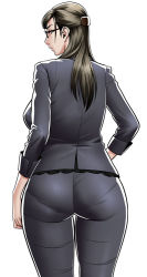 Rule 34 | 1girl, ass, backboob, breasts, brown hair, formal, freckles, from behind, glasses, huge ass, large breasts, legs, mature female, office lady, original, pant suit, pants, pantylines, sideboob, simple background, skin tight, solo, suit, tatsunami youtoku, thighs, tight clothes, tight pants, white background, wide hips