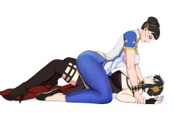 Rule 34 | 2girls, ass, breasts, capcom, chun-li, earrings, held down, highres, holding wrist, jewelry, lipstick, makeup, multiple girls, restrained, spy x family, street fighter, street fighter 6, thighs, wrestling, yor briar