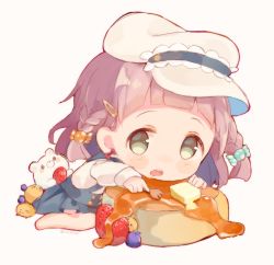 Rule 34 | 1girl, barefoot, blush, brown eyes, brown hair, butter, chibi, food, fruit, hair ornament, hairclip, hat, looking at viewer, lowres, open mouth, original, pancake, sencha (senta 10), short hair, solo, strawberry, syrup, twitter username, white hat