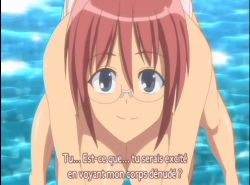 Rule 34 | 1girl, animated, animated gif, blue eyes, breast lift, breasts squeezed together, breasts, glasses, isshoni h shiyo, large breasts, looking at viewer, lowres, nipples, nude, red hair, smile, subtitled, tagme, water