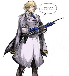 Rule 34 | 1girl, belt, black belt, black pantyhose, blonde hair, blue gloves, blue necktie, coat, collared shirt, english text, feet out of frame, gloves, grey coat, grey jacket, gun, highres, holding, holding weapon, holster, jacket, jacket on shoulders, medium hair, necktie, open clothes, open jacket, original, pantyhose, parted lips, shirt, simple background, smile, solo, speech bubble, weapon, white background, yellow eyes, yourfreakyneighbourh