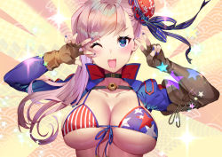 Rule 34 | 1girl, ;d, american flag bikini, american flag print, asymmetrical gloves, bikini, black choker, blue eyes, blue nails, blush, breasts, brown gloves, bun cover, choker, cleavage, collarbone, commentary request, elbow gloves, emotional engine - full drive, fate/grand order, fate (series), fingerless gloves, flag print, front-tie bikini top, front-tie top, gloves, large breasts, long hair, long sleeves, miyamoto musashi (fate), miyamoto musashi (fate/grand order), miyamoto musashi (swimsuit berserker) (fate), miyamoto musashi (swimsuit berserker) (second ascension) (fate), nail polish, one eye closed, open mouth, pink hair, print bikini, shrug (clothing), single elbow glove, smile, solo, star (symbol), sunburst, sunburst background, swimsuit, uneven gloves, upper body, v, v-shaped eyebrows, yoshimoto (dear life)