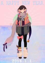 Rule 34 | 1girl, 2016, bell, black pantyhose, black skirt, brown hair, full body, hair ornament, happy new year, highres, jacket, miniskirt, multicolored background, multiple scarves, necktie, new year, original, pantyhose, purple eyes, ribata, scarf, short hair, skirt, solo, stamp mark, standing, thigh bow, white necktie