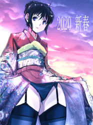 Rule 34 | 1girl, 2020, black hair, black panties, black thighhighs, blue eyes, cloud, cloudy sky, commentary request, floral print, flower, garter straps, hair flower, hair ornament, japanese clothes, kamisimo 90, kimono, looking at viewer, new year, original, outdoors, panties, print kimono, red kimono, sash, short hair, sky, solo, thighhighs, underwear