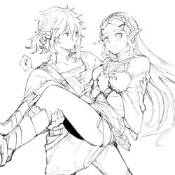 Rule 34 | 1boy, 1girl, ?, blush, braid, breasts, carrying, crown braid, earrings, feet out of frame, hair between eyes, hair ornament, hairclip, jewelry, lineart, link, long hair, long sleeves, looking at another, low ponytail, medium breasts, medium hair, nintendo, own hands together, parted bangs, pointy ears, princess carry, princess zelda, sidelocks, spoken question mark, sweatdrop, ten 1397xx, the legend of zelda, the legend of zelda: breath of the wild, thick eyebrows, turning head, white background