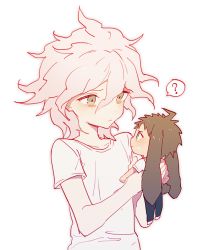 Rule 34 | 2boys, ?, animal ears, blue pants, blush, brown hair, collarbone, commentary request, danganronpa (series), danganronpa 2: goodbye despair, frown, grey hair, hair between eyes, hinata hajime, holding, holding person, io (sinking=carousel), komaeda nagito, long hair, looking at another, male focus, messy hair, mini person, miniboy, multiple boys, pants, rabbit boy, rabbit ears, rabbit tail, shirt, simple background, spiked hair, spoken question mark, tail, upper body, white background, white shirt