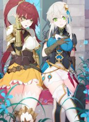 Rule 34 | 2girls, annis (dungeon and fighter), brown hair, dress, dungeon and fighter, gloves, green eyes, hand on own chest, highres, knight (dungeon and fighter), long hair, long sleeves, medium hair, multiple girls, nami qi, original, parted lips, ponytail, shorts, teeth, upper body, white hair