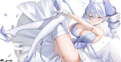 Rule 34 | 1girl, absurdres, b grade, breasts, cleavage, demon girl, demon horns, demon wings, dress, duel monster, gloves, grey eyes, highres, horns, large breasts, leotard, leotard under clothes, looking at viewer, lovely labrynth of the silver castle, low wings, multiple wings, pointy ears, simple background, smile, solo, spread cleavage, transparent wings, twintails, weapon, white background, white hair, white horns, wings, yu-gi-oh!