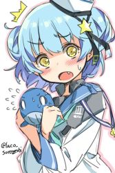 Rule 34 | 0 0, 1girl, 1other, aqua neckwear, black ribbon, blue hair, blue sailor collar, commentary request, dixie cup hat, double bun, fang, hat, hat ribbon, kantai collection, laco soregashi, little blue whale (kancolle), long sleeves, looking at viewer, military hat, navy cross, neckerchief, one-hour drawing challenge, open mouth, ribbon, sailor collar, samuel b. roberts (kancolle), school uniform, serafuku, shirt, short hair, simple background, sleeve cuffs, surprised, whale, white background, white headwear, white shirt, yellow eyes