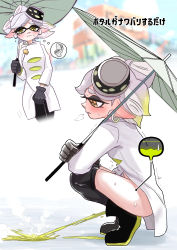 Rule 34 | 1girl, absurdres, black footwear, black gloves, black pantyhose, blush, boots, closed mouth, clothes pull, coat, cross-shaped pupils, ear blush, earrings, gameplay mechanics, gloves, gradient hair, green umbrella, grey hair, have to pee, highres, holding, holding umbrella, inkling, irohasu (csah8525), jewelry, light green hair, long sleeves, marie (splatoon), mole, mole under eye, motion lines, multicolored hair, nintendo, oil-paper umbrella, open mouth, pantyhose, pantyhose pull, peeing, pointy ears, short hair, sideways mouth, splatoon (series), splatoon 3, squatting, steam, suction cups, sweat, symbol-shaped pupils, tentacle hair, thought bubble, tiptoes, toilet, trembling, two-tone hair, umbrella, white coat