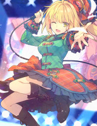 Rule 34 | 1girl, blonde hair, boots, bow, fate/grand order, fate (series), green eyes, hair bow, highres, microphone, nero claudius (fate), nero claudius (fate) (all), nero claudius (fate/extra), official alternate costume, one eye closed, plaid, plaid shirt, plaid skirt, saipaco, shirt, side ponytail, skirt, solo