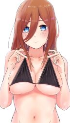Rule 34 | 1girl, absurdres, bikini, black bikini, blue eyes, blush, breasts, brown hair, closed mouth, go-toubun no hanayome, hair between eyes, hands up, highres, large breasts, long bangs, long hair, looking at viewer, miwataku, nakano miku, navel, pulling own clothes, simple background, skindentation, solo, stomach, strap pull, swimsuit, upper body, white background