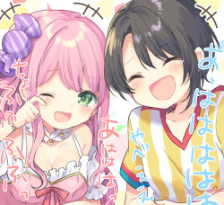 Rule 34 | 2girls, ^ ^, black hair, bracelet, breasts, candy hair ornament, cleavage, closed eyes, crescent, crescent earrings, detached collar, dress, earrings, food-themed hair ornament, green eyes, hair ornament, highres, himemori luna, himemori luna (1st costume), hololive, jewelry, kosuzume, medium breasts, multiple girls, one eye closed, one side up, oozora subaru, oozora subaru (1st costume), open mouth, pink dress, pink hair, rubbing eyes, shirt, short hair, smile, striped clothes, striped shirt, tears, translation request, virtual youtuber