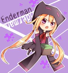 Rule 34 | 1girl, :o, ascot, black legwear, blonde hair, blush, chibi, detached sleeves, enderman, holding, hood, hoodie, minecraft, open mouth, personification, purple eyes, solo, tosura-ayato, twintails