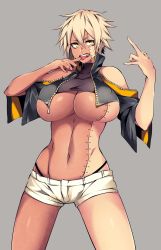Rule 34 | 1girl, bad id, bad twitter id, blonde hair, breasts, dark-skinned female, dark skin, female focus, highres, huge breasts, hz (666v), jacket, open clothes, open jacket, scar, scar across eye, scar on face, short shorts, shorts, solo, stitches, tongue, underboob, vecky (camui kamui), yellow eyes