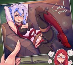 Rule 34 | !, !!, !?, 2girls, absurdres, armpits, arms up, blush, book, breasts, chariot du nord, cleavage, confused, couch, couple, covered erect nipples, croix meridies, embarrassed, glasses, highres, large breasts, little witch academia, long hair, lying, multiple girls, panties, photo (object), purple hair, red hair, robe, sexually suggestive, side ponytail, spoilers, spoken interrobang, teeth, toasty scones, tongue, tongue out, underwear, ursula callistis, wavy hair, yuri