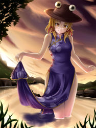 Rule 34 | 1girl, aged up, bad id, bad pixiv id, blonde hair, china dress, chinese clothes, clothes lift, dress, dress lift, female focus, hat, highres, hip focus, mochi.f, moriya suwako, outdoors, pelvic curtain, pelvic curtain lift, pyonta, skirt hold, solo, standing, touhou, wading, water, wide hips, yellow eyes