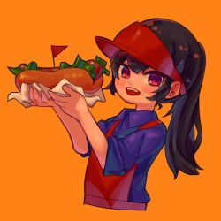 Rule 34 | 1girl, apron, black hair, blue shirt, blush, collared shirt, cropped torso, fangs, flag, food, hat, highres, holding, holding food, hot dog, lettuce, long hair, looking at viewer, more e 4km, open mouth, orange background, original, ponytail, red apron, red eyes, red flag, red hat, shirt, simple background, smile, solo, triangle, upper body
