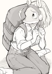 Rule 34 | 1girl, absurdres, animal ears, backpack, bag, body fur, boku no hero academia, breast pocket, breasts, collared shirt, furry, furry female, giant, giantess, hairband, highres, ippan josei, large breasts, monochrome, pocket, shirt, shirt tucked in, sleeves rolled up, snout, solo, tearing up