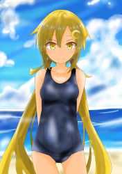 Rule 34 | 1girl, arms behind back, beach, blonde hair, blue sky, blue one-piece swimsuit, breasts, cloud, collarbone, covered navel, cowboy shot, crescent, crescent hair ornament, day, etsuransha no rei, gluteal fold, hair between eyes, hair ornament, highres, kantai collection, long hair, looking at viewer, low twintails, lying, ocean, old school swimsuit, one-piece swimsuit, outdoors, sand, satsuki (kancolle), school swimsuit, sky, small breasts, solo, swimsuit, thighs, twintails