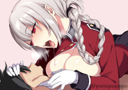 Rule 34 | 1boy, 1girl, assertive female, black hair, blush, braid, breasts, breasts out, breath, faceless, faceless male, fate/grand order, fate (series), femdom, florence nightingale (fate), folded ponytail, gloves, jacket, large breasts, long hair, long sleeves, open clothes, open jacket, open mouth, puuzaki puuna, red eyes, saliva, saliva trail, short hair, silver hair, spiked hair, tongue, tongue out