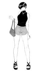 Rule 34 | 1girl, bag, bangle, bare arms, bare legs, bare shoulders, bracelet, breasts, cellphone, contrapposto, earrings, full body, handbag, highres, jewelry, large breasts, looking at viewer, monochrome, necklace, norman maggot, olive laurentia, original, phone, pixie cut, sandals, shirt, shorts, simple background, sleeveless, sleeveless shirt, sleeveless turtleneck, smartphone, solo, standing, stud earrings, turtleneck, white background