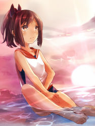 Rule 34 | 10s, 1girl, bad id, bad pixiv id, barefoot, brown eyes, brown hair, hair ribbon, i-401 (kancolle), kantai collection, nunucco, partially submerged, personification, ponytail, ribbon, school swimsuit, short hair, short ponytail, sitting, solo, sun, sunset, swimsuit, swimsuit under clothes, tears, water