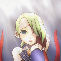 Rule 34 | 1boy, 1girl, blue eyes, breath of fire, breath of fire v, commentary request, crying, dress, facial mark, gloves, green hair, hair over one eye, nina (breath of fire v), red wings, ryuu (breath of fire v), short hair, tattoo, torisei8, wings