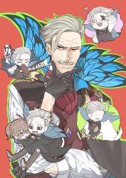 Rule 34 | 1boy, 1girl, ascot, blue eyes, bug, butterfly, chibi, facial hair, fate/grand order, fate (series), formal, fujimaru ritsuka (female), fujimaru ritsuka (female) (royal brand), gloves, insect, james moriarty (archer) (fate), looking at viewer, male focus, mustache, open mouth, short hair, smile, suit, throwing, white hair