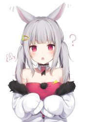 Rule 34 | 1girl, :o, ?, amashiro natsuki, animal ears, bare shoulders, blush, breasts, carrot hair ornament, collarbone, commentary, dress, eyebrows hidden by hair, food-themed hair ornament, fur-trimmed jacket, fur trim, grey hair, hair ornament, highres, jacket, long hair, long sleeves, mole, mole under eye, off shoulder, open clothes, open jacket, open mouth, original, rabbit ears, red dress, red eyes, sidelocks, sleeves past fingers, sleeves past wrists, small breasts, solo, spread legs, strapless, strapless dress, symbol-only commentary, twintails, upper body, white background, white jacket