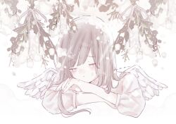 Rule 34 | 1girl, angel wings, blush, brown hair, closed eyes, closed mouth, cropped torso, crossed arms, crying, feathered wings, flower, head rest, kotono n0, leaf, light blush, long hair, long sleeves, original, shirt, solo, tears, upper body, white background, white flower, white shirt, white wings, wings