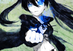Rule 34 | 10s, 1girl, bad id, bad pixiv id, bikini, bikini top only, black hair, black rock shooter, black rock shooter (character), blue eyes, clenched hand, flat chest, foreshortening, glowing, glowing eyes, jacket, long hair, noco (adamas), pale skin, solo, swimsuit, twintails, uneven twintails, vocaloid