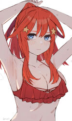 Rule 34 | 1girl, armpits, arms up, bikini, blue eyes, blush, breasts, cleavage, closed mouth, collarbone, commentary request, go-toubun no hanayome, hair ornament, highres, irarei (araisanblog), large breasts, long hair, looking at viewer, nakano itsuki, ponytail, red bikini, red hair, simple background, solo, star (symbol), star hair ornament, sweat, swimsuit, upper body, white background