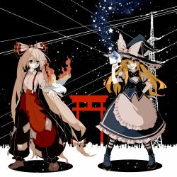 Rule 34 | 2girls, apron, bad id, bad pixiv id, bird, boots, bow, bowtie, dove, fire, fujiwara no mokou, full body, gr-project, grin, hair bow, hair ornament, hair ribbon, hand on own hip, hat, hat ribbon, kirisame marisa, letter, long hair, looking at viewer, multiple girls, orange eyes, orange hair, pants, puffy sleeves, red eyes, ribbon, shirt, short sleeves, silver hair, skirt, skirt set, smile, star (symbol), torii, torn clothes, torn sleeves, touhou, very long hair, vest, waist apron, witch hat
