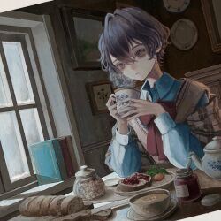 Rule 34 | 1boy, black hair, blue shirt, book, bow, bowtie, bread, collared shirt, cup, food, hair between eyes, hands up, highres, holding, holding cup, indoors, knife, long sleeves, looking at viewer, male focus, mashiroi no, mug, original, parted lips, picture frame, plate, purple hair, red bow, red bowtie, shawl, shirt, short hair, solo, steam, sweater vest, table, teacup, upper body, vest, window