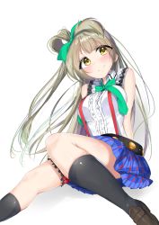 Rule 34 | 1girl, absurdres, arms behind back, artist name, artist request, bare legs, bare shoulders, belt, black belt, black footwear, black legwear, blue shirt, blush, bokura wa ima no naka de, bow, breasts, brown eyes, collared shirt, earrings, female focus, gloves, green bow, grey hair, hair bow, highres, jewelry, long hair, looking at viewer, love live!, love live! school idol festival, love live! school idol project, medium breasts, minami kotori, neck ribbon, parted lips, ponytail, ribbon, shirt, shoes, short sleeves, side ponytail, smile, solo, strap, suspenders, umi-chan (umi-chan koubou), white background, white shirt