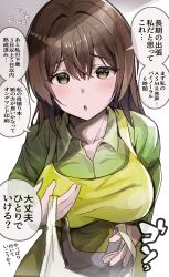 Rule 34 | 1girl, apron, bag, breasts, brown eyes, brown hair, chestnut mouth, collared shirt, commentary request, flying sweatdrops, green shirt, hair between eyes, highres, holding, holding bag, large breasts, light, light blush, long hair, long sleeves, original, plastic bag, shirt, sidelocks, simple background, solo, sound effects, speech bubble, worried, yasuhara roku, yellow apron