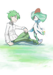 Rule 34 | 1boy, absurdres, arm support, blush, buttons, collared shirt, creatures (company), donnpati, eye contact, flower, from side, game freak, gen 3 pokemon, grass, green hair, green pants, grey eyes, grey footwear, highres, holding, holding flower, kirlia, long sleeves, looking at another, male focus, nintendo, pants, parted lips, pokemon, pokemon (creature), pokemon rse, red eyes, shirt, shoes, short hair, sitting, smile, wally (pokemon), white background, white shirt
