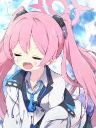 Rule 34 | 1girl, blue archive, blue necktie, blush, character request, closed eyes, collarbone, collared shirt, crying, fang, halo, hazumi otoya, highres, jacket, koyuki (blue archive), long hair, necktie, open clothes, open jacket, open mouth, pink hair, pleated skirt, school uniform, shirt, skin fang, skirt, solo, streaming tears, tears, twintails, white jacket, white shirt