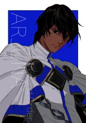 Rule 34 | 1boy, :|, arjuna (fate), text background, black eyes, black hair, blue cape, cape, chain, character name, closed mouth, commentary request, dark-skinned male, dark skin, expressionless, fate/extella, fate/extella link, fate/extra, fate/grand order, fate (series), gold trim, hair between eyes, high collar, highres, indian clothes, long sleeves, looking at viewer, male focus, multicolored background, muni (fdrk), short hair, solo, two-tone background, two-tone cape, upper body, white cape